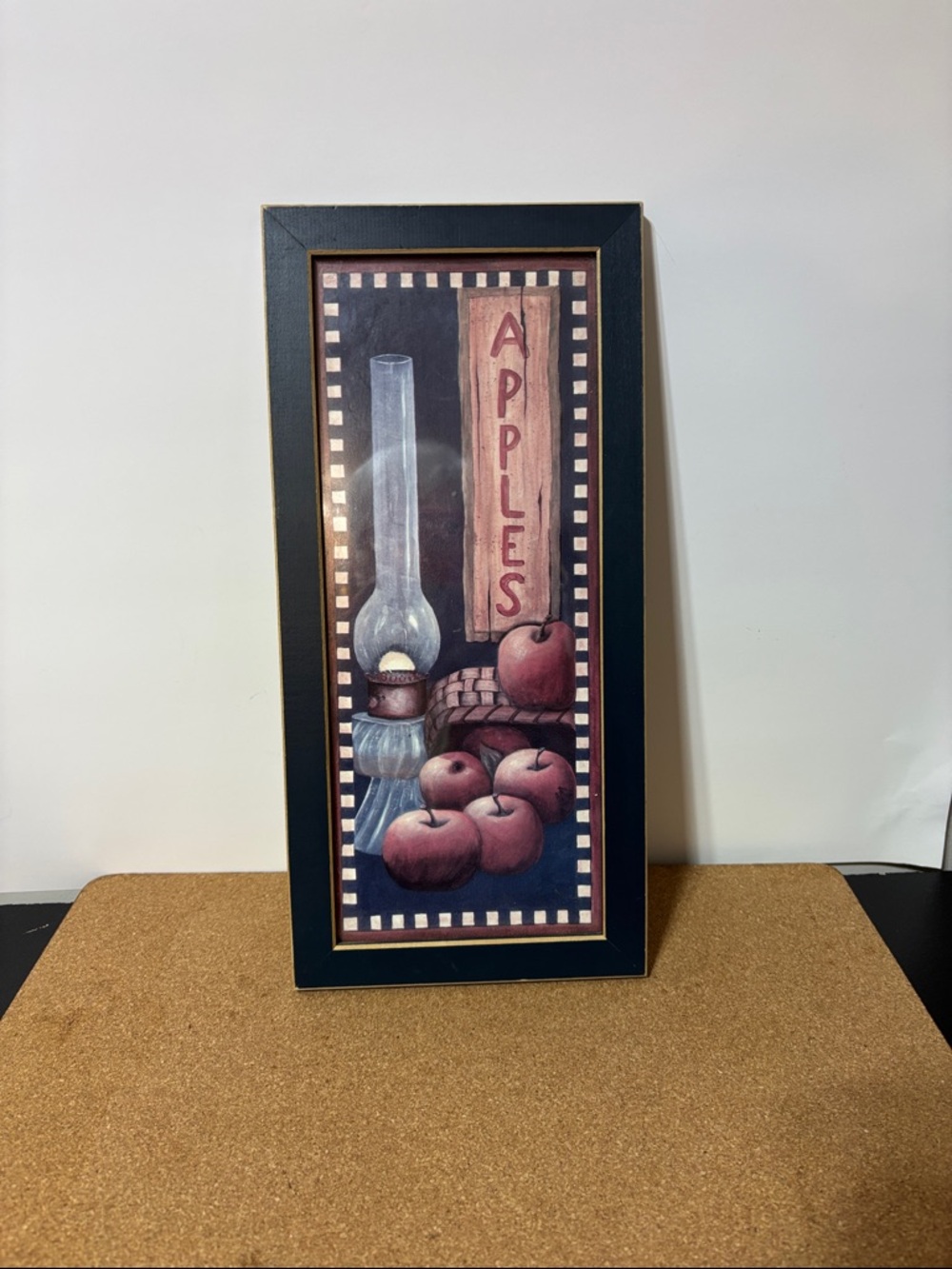 Apples Still Life Framed Wall Art - Red, Blue, Cream 13x6”